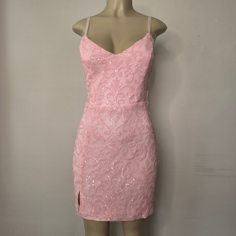 Windsor Dress Women Large Pink TRC1505VKD-BL Sequin Mesh Bodycon Mini Slit Dress